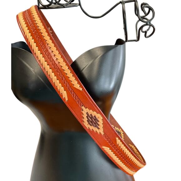Red Brown Leather Mens 42 Western Belt Tan Dark Brown Stitching Southwest Cowboy - Picture 6 of 9